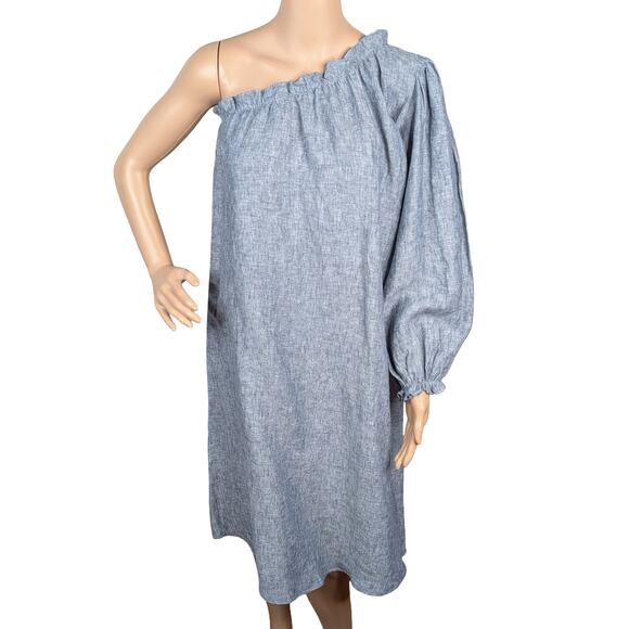 Milly LAKE Blue Chambray Denim Linen One Shoulder Shift Midi Dress SZ S - Picture 4 of 11